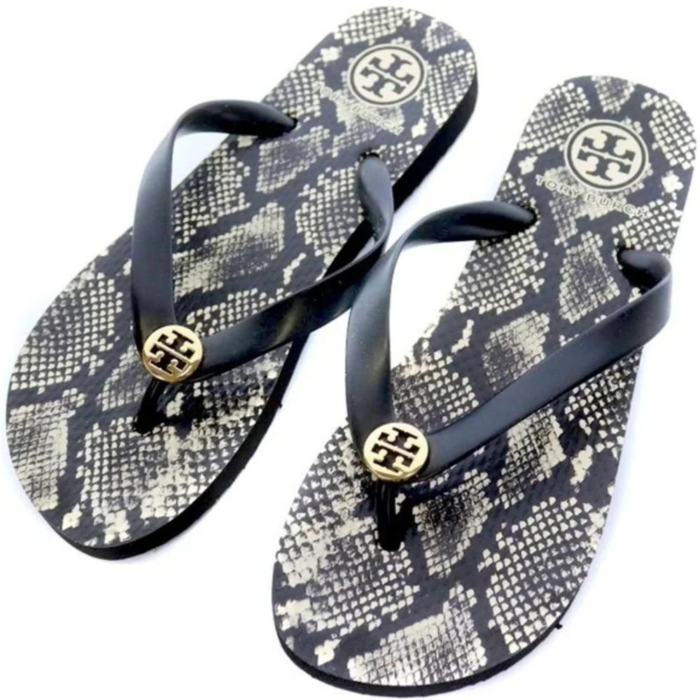 Tory Burch Classic Snake Reptile Preppy Perfect Black Thong Flip Flop Sandals